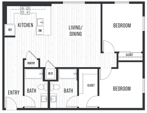 Floor plan 2G. Two bedroom, two bath at Sixth & Jackson Apartments in Japantown, San Jose.